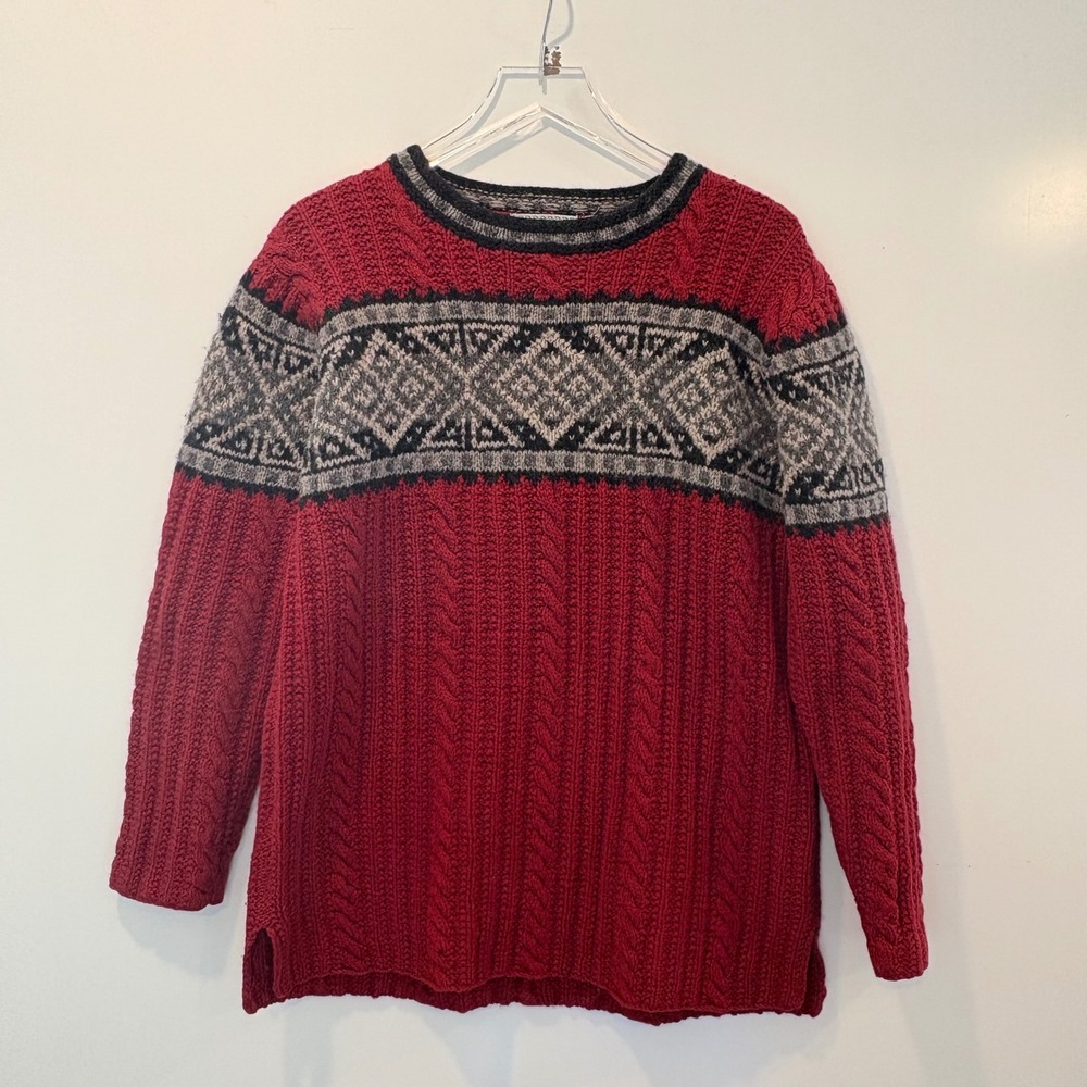 Nomadic Traders Red Wool Fair Isle Cable Knit Sweater Mens‎ Size Medium